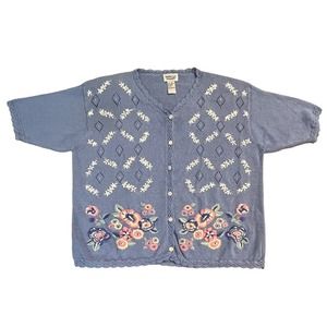 Vintage Napa Valley Perwinkle Embroider Floral & Beaded Short Sleeve Cardigan L
